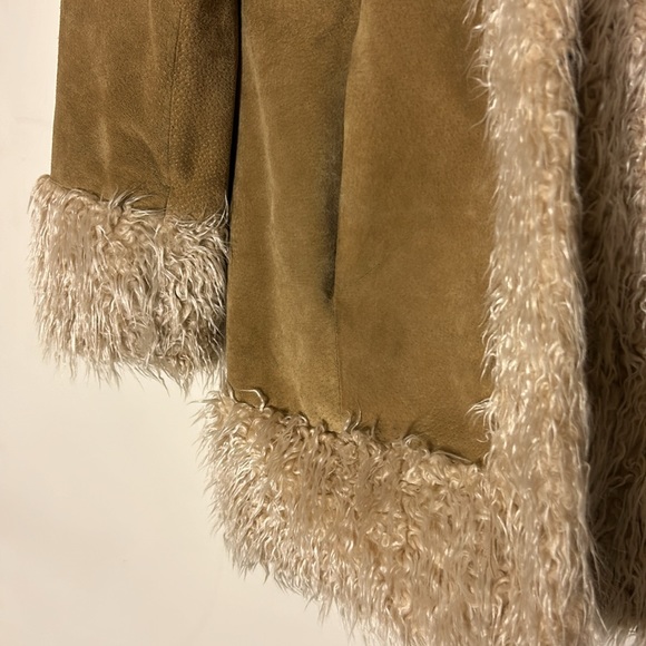 Vintage suede leather long faux fur sherpa trim beige long sleeve coat jacket - Picture 5 of 8